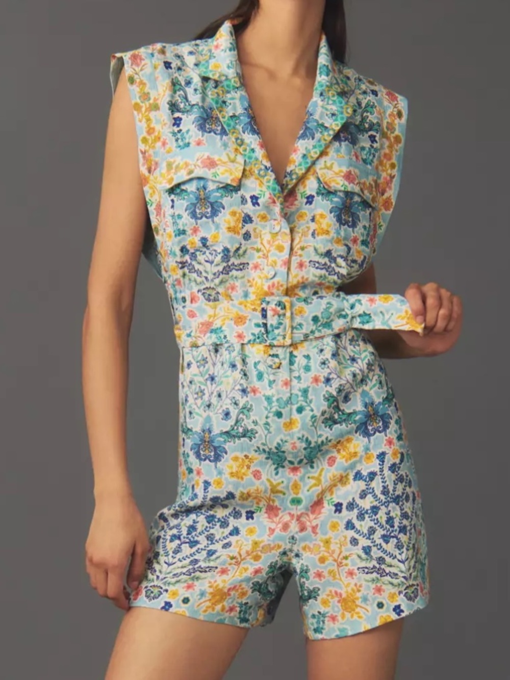 $168 NWT Anthropologie Ranna Gill Sleeveless Collared Linen Romper Medium Belted